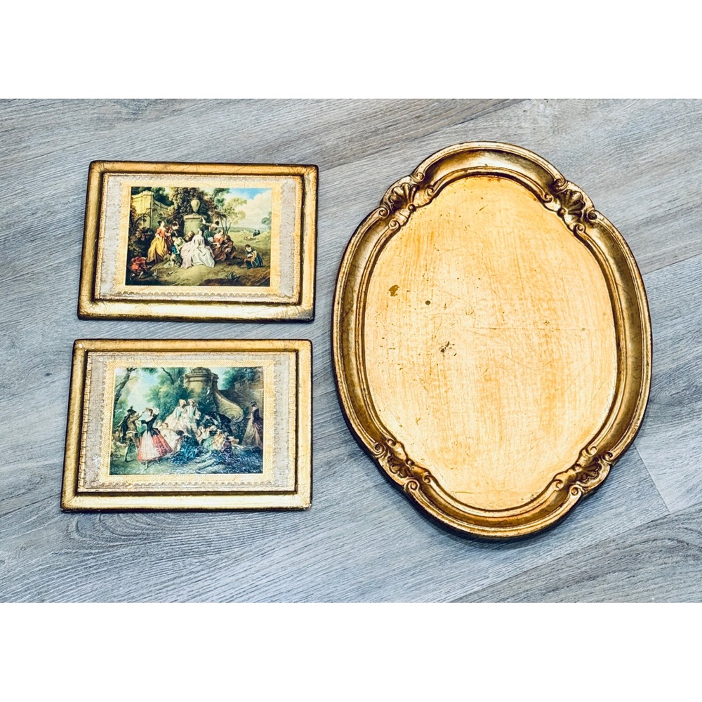 Vintage Italian Florentine Gold Gilt Wood Vanity Tray, 2 Wall Plaques, Lot of 3
